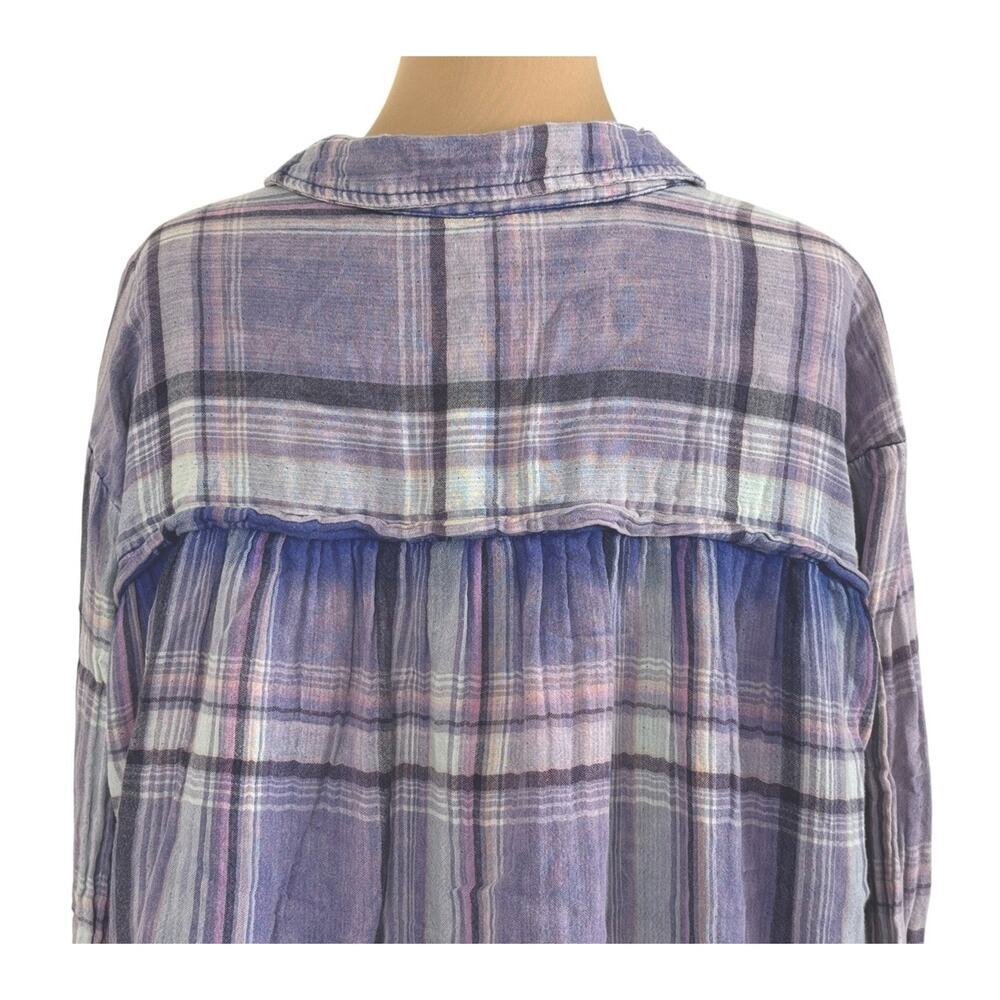 FREE PEOPLE Washed Away Plaid Pullover Top Purple Flannel Asymmetrical Size L - Picture 9 of 12